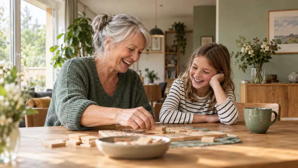 Two generations building words together from loose letters