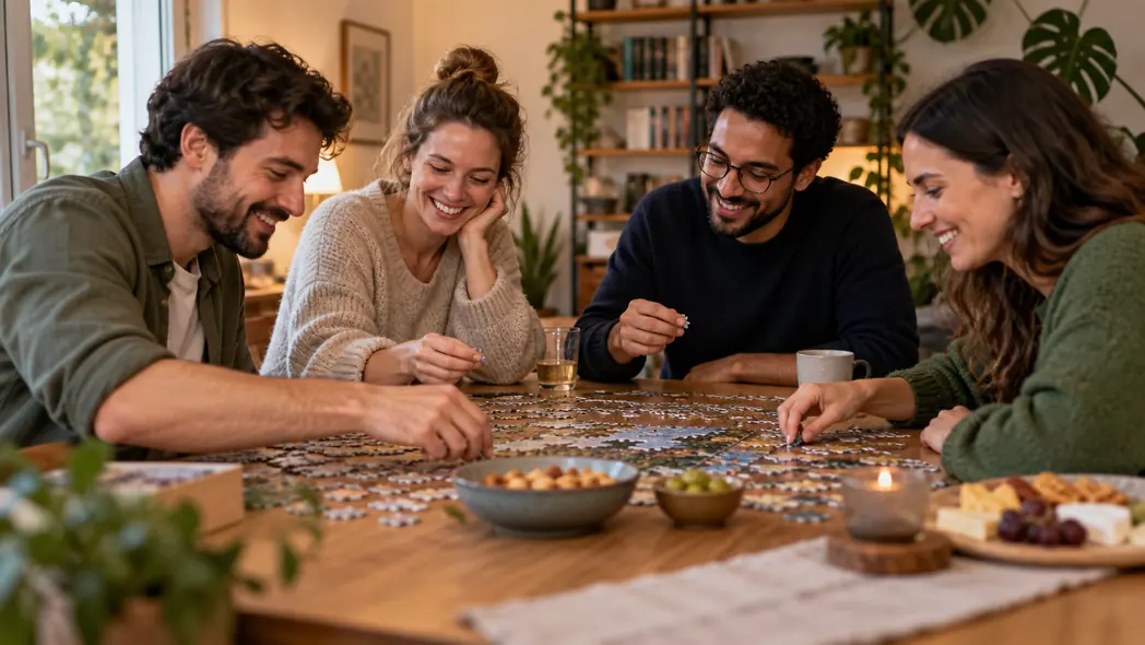 Several people around a table playing a word game together