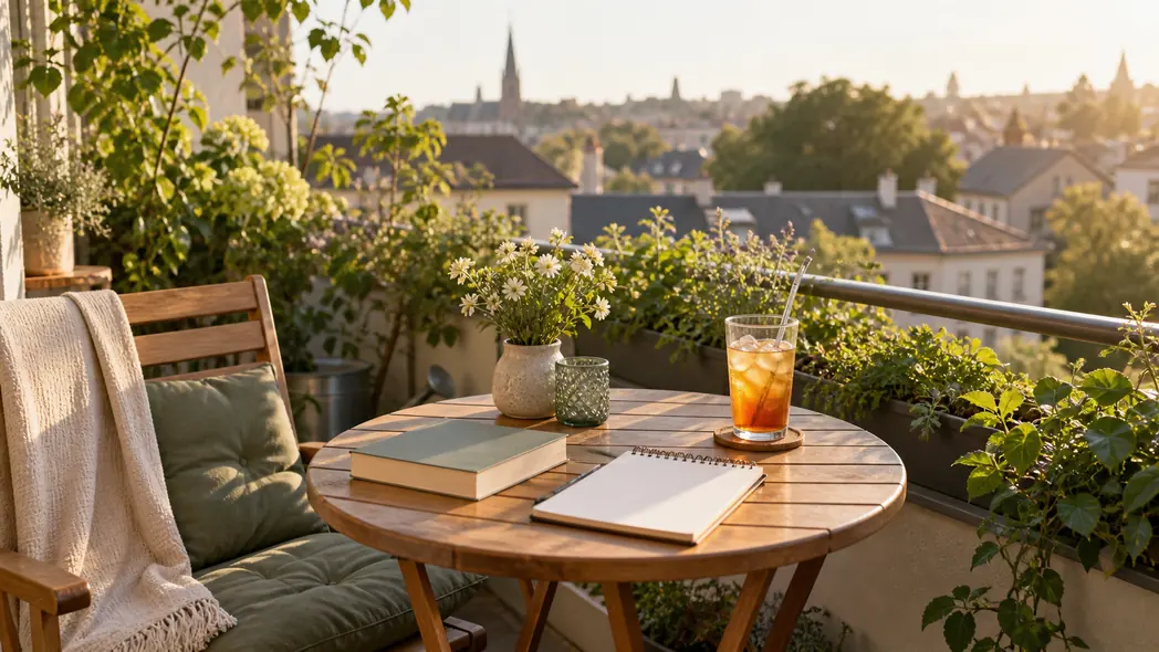 A summer break with a word puzzle on a sunlit balcony table